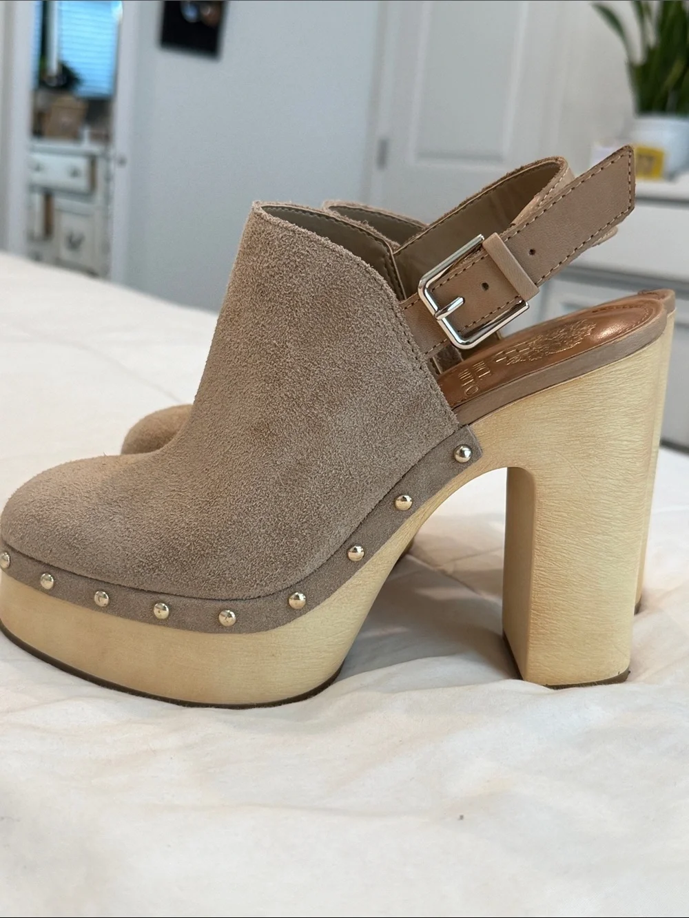 Vince Camuto Taupe Suede Studded Platform Slingbacks